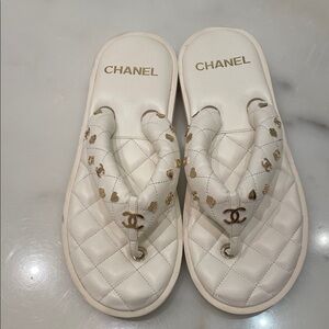 Chanel Quilted White and Gold Sandals